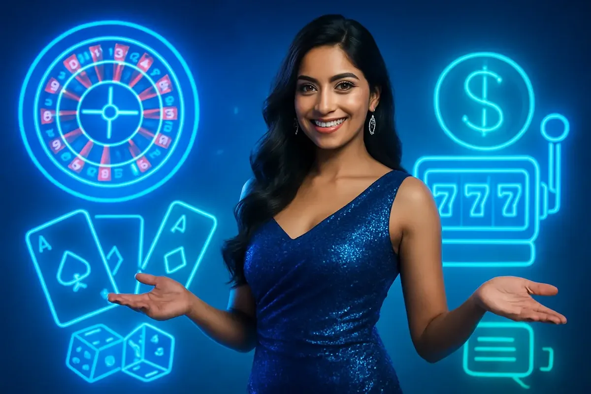 Indian woman in glamorous outfit with casino elements like roulette, cards, dice, and slot machines on bright background